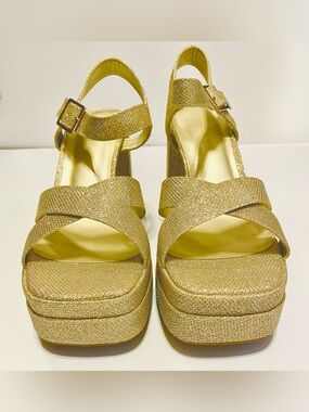 DREAM PAIRS-Size 9-Sparkle Gold Peep Toe Platform Ankle Strap Chunky Heels, NEW